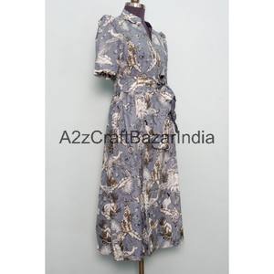 Vestido midi de algodón 100% con estampado floral hecho a mano, nuevo diseño hermoso para mujer, cuello en V, mangas cortas, cómodo para la oficina. - Product Image 5