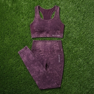 Women Burgundy Acid Wash Yoga Set Sports Bra High Waist <b>Leggings</b> Gym Fitness Workout <b>Activewear</b> - Product Image 5