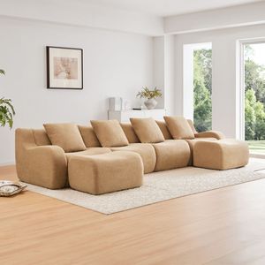 32D High Density Sp <b>U</b>-Shaped Boneless Sofa Teddy Fabric Streamlined Design Curved Armrest No Assembly Required for <b>Living</b> Room - Product Image 2
