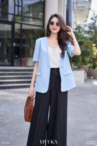 Blazer de Manga Corta Azul Claro para Mujer, Cuello en V, Botón Único, Color Sólido, Corte Regular, Ropa Casual de Oficina, Tela de Lana - Product Image 4