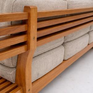 Mid-Century Modern Slatted Wood 3 Seater <b>Sofa</b> | Japanese Minimalist Solid Oak <b>Bench</b> Couch | Designer Low-Profile 3 seater <b>sofa</b> - Product Image 4