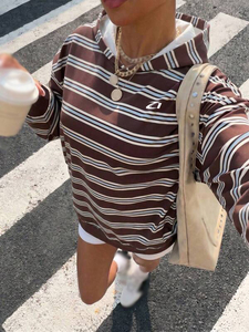 Women's Brown Striped French Terry Pullover Hoodies Oversized Drop Shoulder Casual Streetwear Custom Logo Wholesale Supplier - Product Image 3