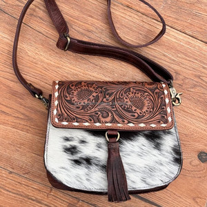 Bohemian Hand Tooled Leather Crossbody <b>Bag</b> for Women's Western Hair on Cowhide Leather Tassel Purse Embossed Floral Pattern <b>Bags</b> - Product Image 3