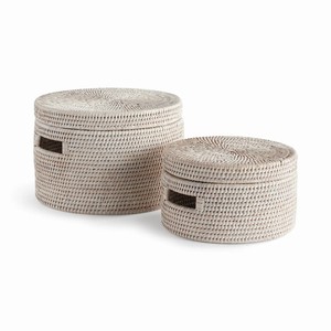 Panier de rangement rond en rotin fait main avec couvercle et poignées, style rustique, fabriqué au Vietnam - Product Image 2