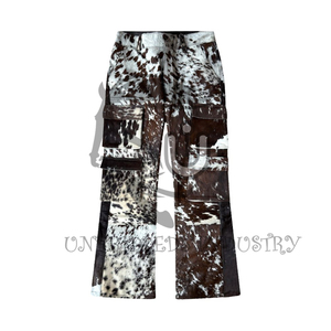 Men's High Waist <b>Flare</b> Pants Cowhide Print Spliced Casual Style Button Fly Autumn Wear - Product Image 3