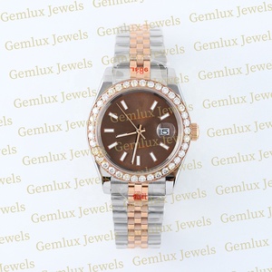 Top Qualité Auto Date Brun Cadran Lunette Diamant D VVS Moissanite Diamant Deux Tons En Acier Inoxydable Hip Hop Diamant Montre Pour Hommes - Product Image 1
