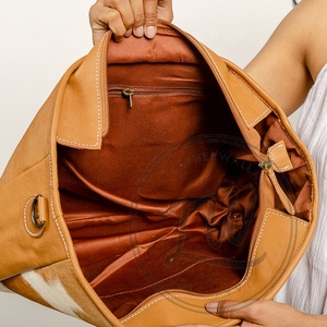 Handmade Large Cowhide Tote <b>Shoulder</b> Bag Genuine Leather with Tooling Patch and Matching <b>Straps</b> Portable Mid Hairon Design - Product Image 6