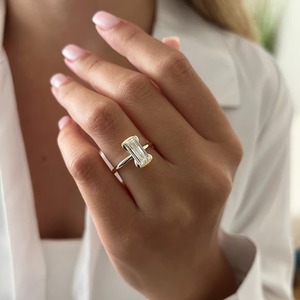 Trendy Design Baguette Cut Lab Grown Diamond Half Bezel Solitaire <b>Ring</b> 14k 18K Gold Minimalist Flush Fit <b>Thin</b> Women's IGI - Product Image 2
