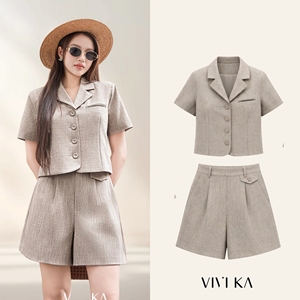 Conjunto de 2 Piezas para Mujer, Blazer Beige de Manga Corta, Top Corto con Botones, Estilo Casual, Primavera-Verano, Tejido, ZELDA - Product Image 1