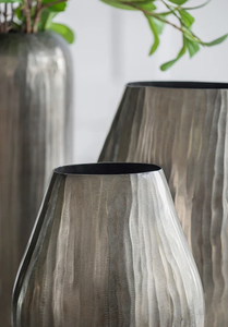 Modern Textured Iron Metal Table <b>Vase</b> with a Vertical <b>Ribbed</b> Pattern Handcrafted Tapered Pewter <b>Vase</b> with a silver Finish - Product Image 4