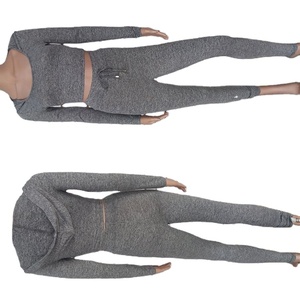 Ensemble survêtement décontracté pour femme, style safari, imprimé, avec haut court gris à manches longues, col à capuche et cordon de serrage, et leggings taille haute, pour l'hiver - Product Image 6