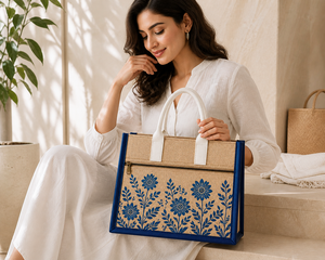 Sac fourre-tout en jute laminé personnalisé avec fermeture à bouton, écologique, réutilisable, imprimé floral, poignée en coton, pour exposition et mariage - Product Image 2