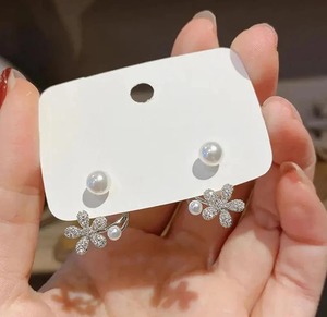 2in1 Silver Toned Floral Design <b>Pearl</b> <b>Earrings</b> for Women Elegant Flower Stud Jewelry for Party and Daily Wear for Sale - Product Image 1