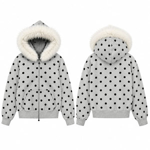 Sweat-shirt à capuche gris à pois pour femme avec bordure en fausse fourrure et poches avant, vêtements d'hiver décontractés - Product Image 1