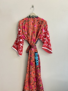 Robe en coton brodée florale pour femme, manches longues, longueur totale, style halter, vêtement de nuit décontracté, kimono bohème fait main - Product Image 2