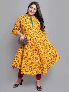 Mustard Cotton Anarkali <b>Kurti</b> With Floral Print Bell Sleeves And Round Neck Design For Plus Size Women's Collection - Product Image 2
