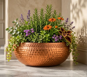 Handmade Rustic Metal Planter Round Copper <b>Vase</b> For Tabletop Floral Display Dotted border metal planter ornamental beaded edge - Product Image 3