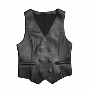 Gilet imperméable en cuir véritable pour femme avec fermeture triple boutonnage en toile, style streetwear - Product Image 4