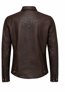 Men's Brown Leather Shirt Jacket Casual Turn-down Collar Regular Sleeve Solid Color Slim Fit Autumn Wear - Product Image 2