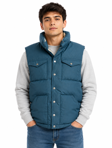 Men’s Padded Hooded Winter Vest Jacket Blue <b>Quilted</b> Sleeveless Puffer Gilet with Multiple Utility Pockets, Snap Button Front - Product Image 1