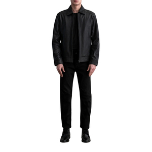 Veste en cuir véritable noire pour homme, col rabattu, fermeture éclair, style motard - Product Image 1