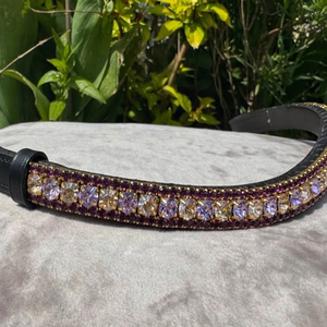 Diadema de cuero para caballo con cristales rojos, azules y blancos personalizados, con tres filas de cadena metálica en forma de onda, estilo Mega Bling, para carreras. - Product Image 4