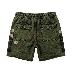 Olive Green Acid Wash <b>Shorts</b> Geometric <b>Patch</b> Streetwear Denim <b>Men</b> Retro Style Heavyweight Cotton Relaxed Fit Summer Casual Wear - Product Image 2