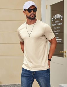 Camiseta de Manga Larga para Hombre, Cuello Redondo, Talla Grande, Color Beige, Tejido Casual, 100% Algodón, con Patrón, Transpirable, Color Sólido - Product Image 4