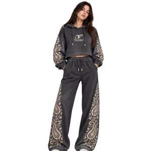 <b>Charcoal</b> Grey Womens Paisley Print Crop Hoodie Wide Leg Pants Two Piece Tracksuit Casual Streetwear Loose Fit <b>Jogger</b> Outfit Set - Product Image 1