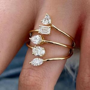 Bague ouverte multi-formes en or massif avec diamants et pierres taillées cœur, poire, ovale, émeraude, marquise et poire – Cadeau moderne pour elle - Product Image 2