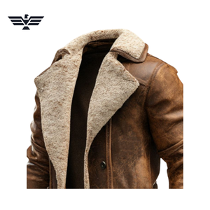 Veste de moto en cuir véritable pour homme, style vintage, col montant, doublure en sherpa, coupe-vent, vêtement d'hiver, fermeture éclair sur le devant - Product Image 6