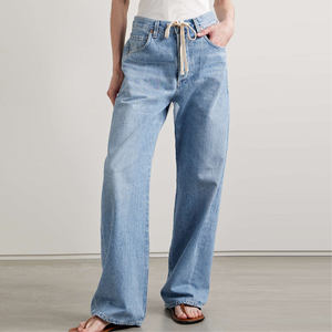 Jeans de Mezclilla para Mujer, de Alta Calidad, para Todas las Temporadas, Ligeros, Lavado Oscuro, con Botones, Logotipo Personalizado, Cintura Holgada, Corte Recto, Comodidad Media - Product Image 1