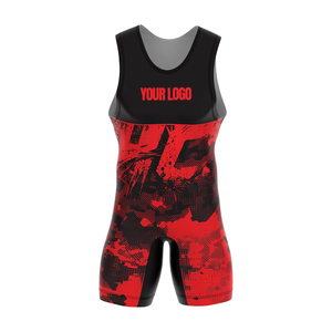 ชุดซิงเกิลเล็ตมวยปล้ำผู้ชายแบบสั่งทำพิเศษ พิมพ์ลายแบบ Sublimation สีแดงดำ กระชับรูปร่าง ระบายเหงื่อได้ดี ชุดกีฬา MMA FIGHTING - Product Image 1