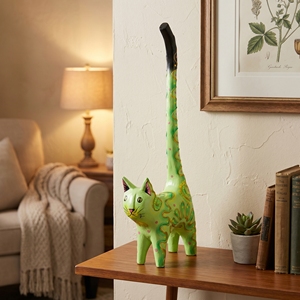 Statue artisanale en bois d'albizia, queue de chat verte et or, figurine animale, artisanat de Bali, décoration intérieure, sculpture en bois, cadeau, artisanat en bois - Product Image 3