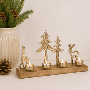 Handcrafted Metal Reindeer and Pine <b>Tree</b> Christmas Candle Holder With Mango Wood Base Antique Gold Finish <b>Tabletop</b> Tealight - Product Image 4