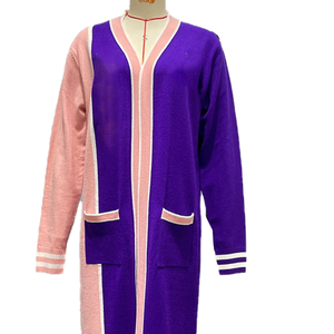 เสื้อคลุมคาร์ดิแกนผู้หญิงสำหรับฤดูหนาว สีม่วงและชมพู แต่งลายทางสีขาว คอวี ผ้าฟลีซขนสัตว์/แคชเมียร์ มีกระเป๋าหน้า เหมาะสำหรับชุดนักศึกษาหญิง - Product Image 6