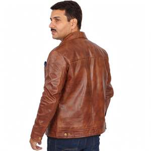 Men's <b>Brown</b> Genuine <b>Leather</b> <b>Jacket</b> Turn-Down Collar Zipper Closure Casual Style Winter Waterproof Reversible Streetwear - Product Image 1