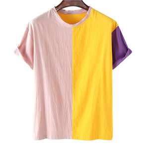 Camiseta de Hombre con Bloques de Color, Manga Corta, Cuello Redondo, Corte Regular, Tejido de Punto, Poliéster Antiencogimiento, Estilo Urbano, Rosa y Amarillo - Product Image 1