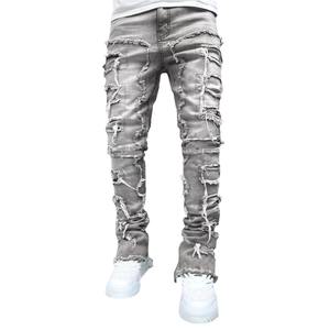 Jeans de Mezclilla Apilados con Logotipo Personalizado, Pantalones Ajustados y Desgastados para Hombre, Estilo Urbano, Fabricante, 100% Algodón Ecológico - Product Image 6