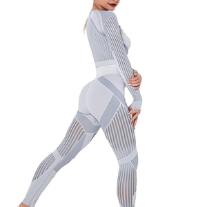Ensemble de yoga 2 pièces sans couture pour femme : Leggings côtelés taille haute et brassière de sport dos nageur épaules dénudées respirante pour la gym et le fitness - Product Image 5