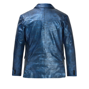 <b>Men's</b> Blue Crocodile Pattern <b>Leather</b> <b>Blazer</b> Slim Fit Single Breasted Suit Jacket - Product Image 2