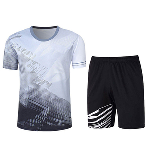 Men's Blue Sublimated Tennis Shirt With Pink Stripes And Black Shorts Set Crew Neck Short Sleeve Moisture Wicking <b>Athletic</b> Wear - Product Image 3