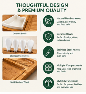Ensemble de planches à charcuterie modernes en bois d'acacia de qualité supérieure, plateau de service pour fromages et apéritifs, bols en céramique, ensemble de couteaux, vente en gros OEM - Product Image 5