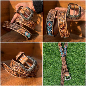 High Quality Hand <b>Tooled</b> <b>Leather</b> Beaded Heavy Duty <b>Belt</b> Premium Cowhide <b>Leather</b> Custom Beaded Luxury Design <b>Belt</b> for Men & Women - Product Image 2