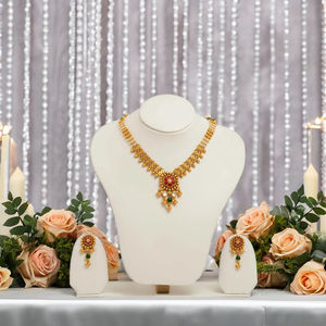 Gold Plated Temple Style Necklace Set with Red Green Stone Pendant and Pearl Beads for Women Traditional Wedding Festive Jewelry - Product Image 3