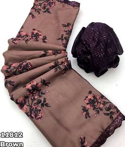 Beautiful Modern Design Georgette <b>Satin</b> with Floral Digital Print-Sequence Border Saree-<b>Blouse</b> Set Supplier from India - Product Image 4