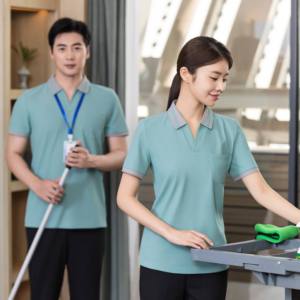 Uniforme de personnel d'entretien hôtelier DHL 100% coton à manches courtes unisexe printemps/été, tenue de service professionnelle avec motif numérique en relief - Product Image 4