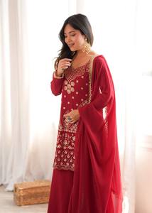 SGF-*72Pryosha Enterprise <b>Women</b> Crimson Red Georgette Short <b>Kurta</b> Designer Cross-Lace Back Sharara Suit - Product Image 3