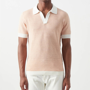 Polo en coton tricoté pour homme, manches courtes, couleur unie, respirant, style décontracté, rose clair avec bordure blanche - Product Image 1