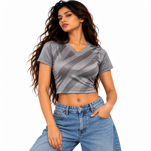Top Deportivo Corto de Malla con Estampado Abstracto Gris Y2K para Mujer, Cuello en V, Transpirable, Ajustado, Venta al por Mayor OEM ODM - Product Image 1